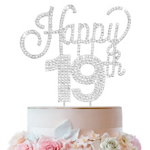 LINGTEER Dcoration de gteau en strass argent Joyeux 19e anniversaire Bravo au 19e anniversaire de 19 ans, dcoration de centre de table