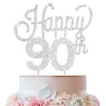 LINGTEER Dcoration de gteau en strass argent Joyeux 90e anniversaire Bravo au 90e anniversaire de 90 ans, centre de table de gteau, dc