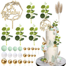 33 PCS Bois Oh Baby Boules de Dcoration de Gteau Boules de Dcoration de Gteau Dcorations de Gteau avec Feuilles Artificielles pour Baby Sho