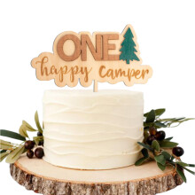 CIEQR One Happy Camper Cake Topper - Dcoration de gteau en bois sur le thme du camping, dcoration de gteau de premier anniversaire pour baby