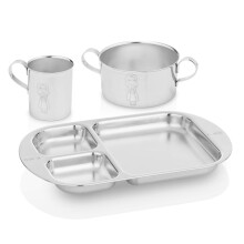 Set di stoviglie premium in acciaio inossidabile per bambini | 1 ciotola con manici, 1 tazza con manico e 1 piatto diviso | Design carino da picc