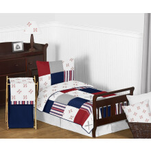 Sweet Jojo Designs rood wit en blauw honkbalpatch sportjongen peuter kind kinderbeddengoedset - 5-delig dekbed en lakens - grijze patch