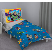 Disney Toy Story - Jtkido - Kk Srga Zld Piros Szrke 4 rszes kisgyermek gykszlet paplannal, lapos felso lepedovel, als lepedovel szabvnyos