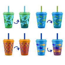 Ello Kids Plast Återanvändbara Färgändrande Muggar med Skruvlock och Sugrör, BPA-fri, Diskmaskinssäker, 12oz, Regnskog, 4-pack