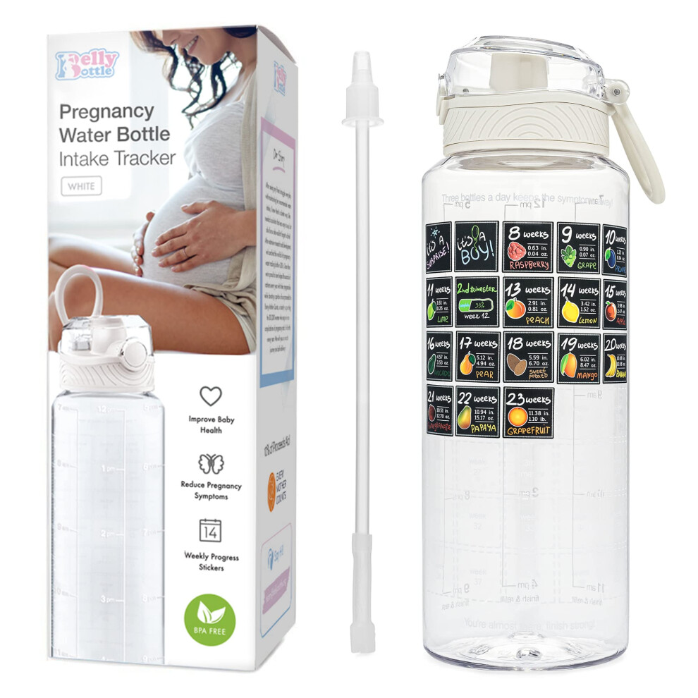 Pregnancy Water Bottle Tracker Must Haves For Expecting Moms Nausea Relief + Weekly Stickers + Straw + Bpa Free White Bellybottle