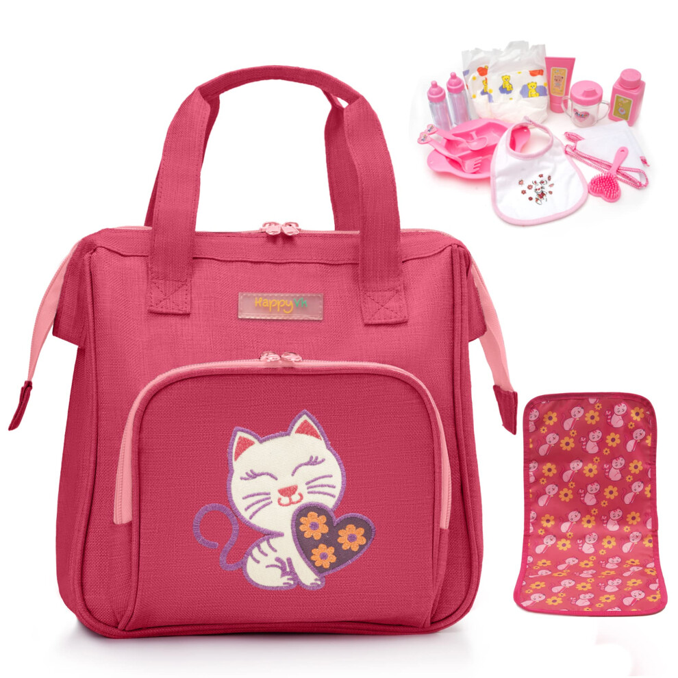 HappyVk- Baby Doll Accessories -Doll Diaper Bag Set- Baby Doll Diaper Bag with Doll Changing Pad and Doll Accessories Set - with Luminous Kitten Embr-image-OPC-PM9BY85-NEW