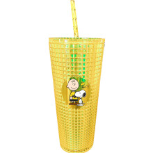 Spoontiques Diamond Tumbler strukturierter Becher mit Strohhalm doppelwandig isoliert und BPA-frei Charlie Brown & Snoopy Gelb 20 oz