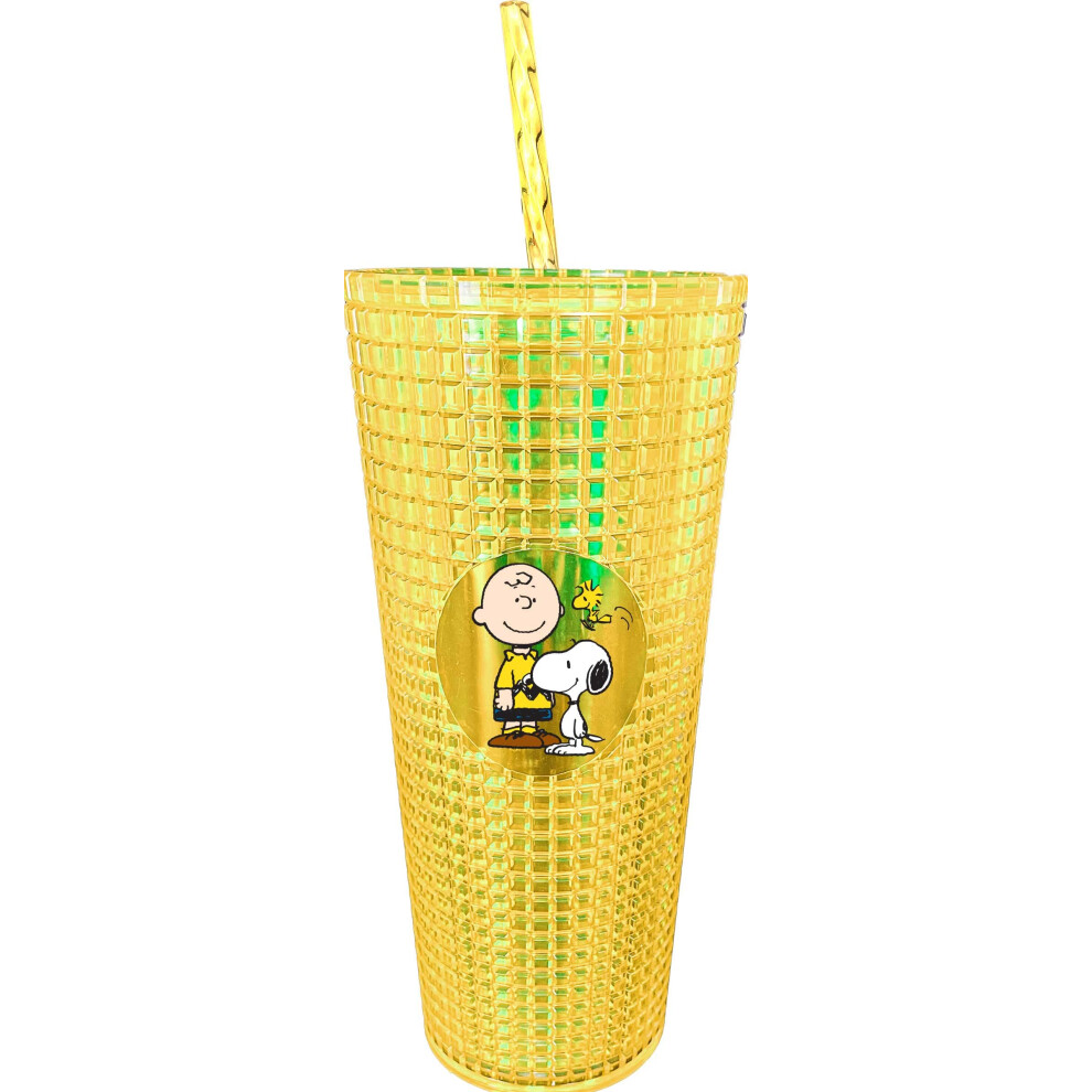Diamond Tumbler - Textured Cup With Straw - Double Wall Insulated And Bpa Free - Charlie & Snoopy - 20 Oz Brown/Yellow Spoontiques