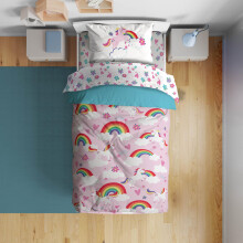 Sunny Side Up Rainbow Unicorns Toddler Comforter Set - 4 Piece Preschool Bedding Includes Comforter Sheets & Pillow Cover - Super Soft Pink Floral M
