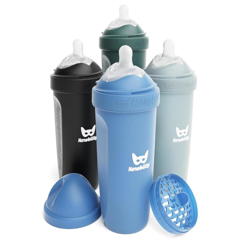 Double Anti-Colic Baby Bottles - 12 Fl Oz/340Ml - 4-Pack - Multicolor - Denim Dusky Black/Green/Gray Herobility