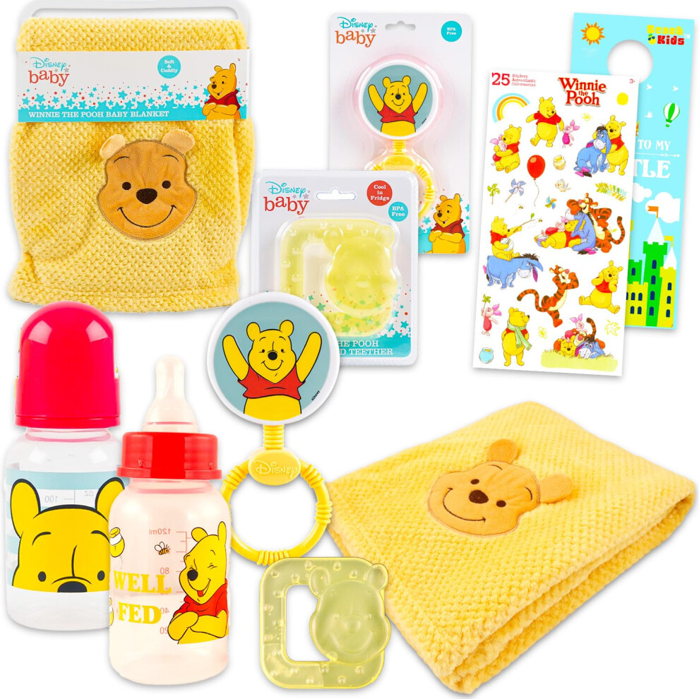 Disney Winnie The Pooh Baby Gift Set - 6 Pc Newborn Essentials Bundle With Blanket Rattle Bottle Teether Scrapbook Stickers More | Baby Shower G
