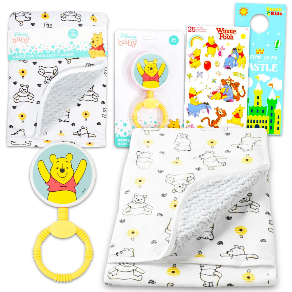 Disney Winnie The Pooh Baby Gift Set - Newborn Essentials Bundle With Blanket Rattle Stickers More | Winnie The Pooh Neutral