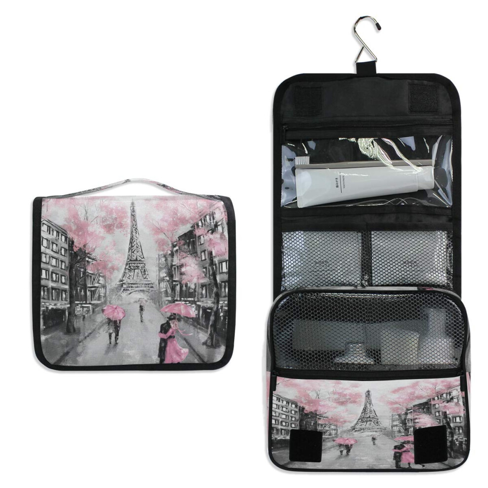 Auuxva Hanging Toiletry Bag Eiffel Tower Paris Lovers Street Portable Travel Cosmetic Makeup Bag Bathroom Shower Shaving Kit Organizer Bag For Men Women