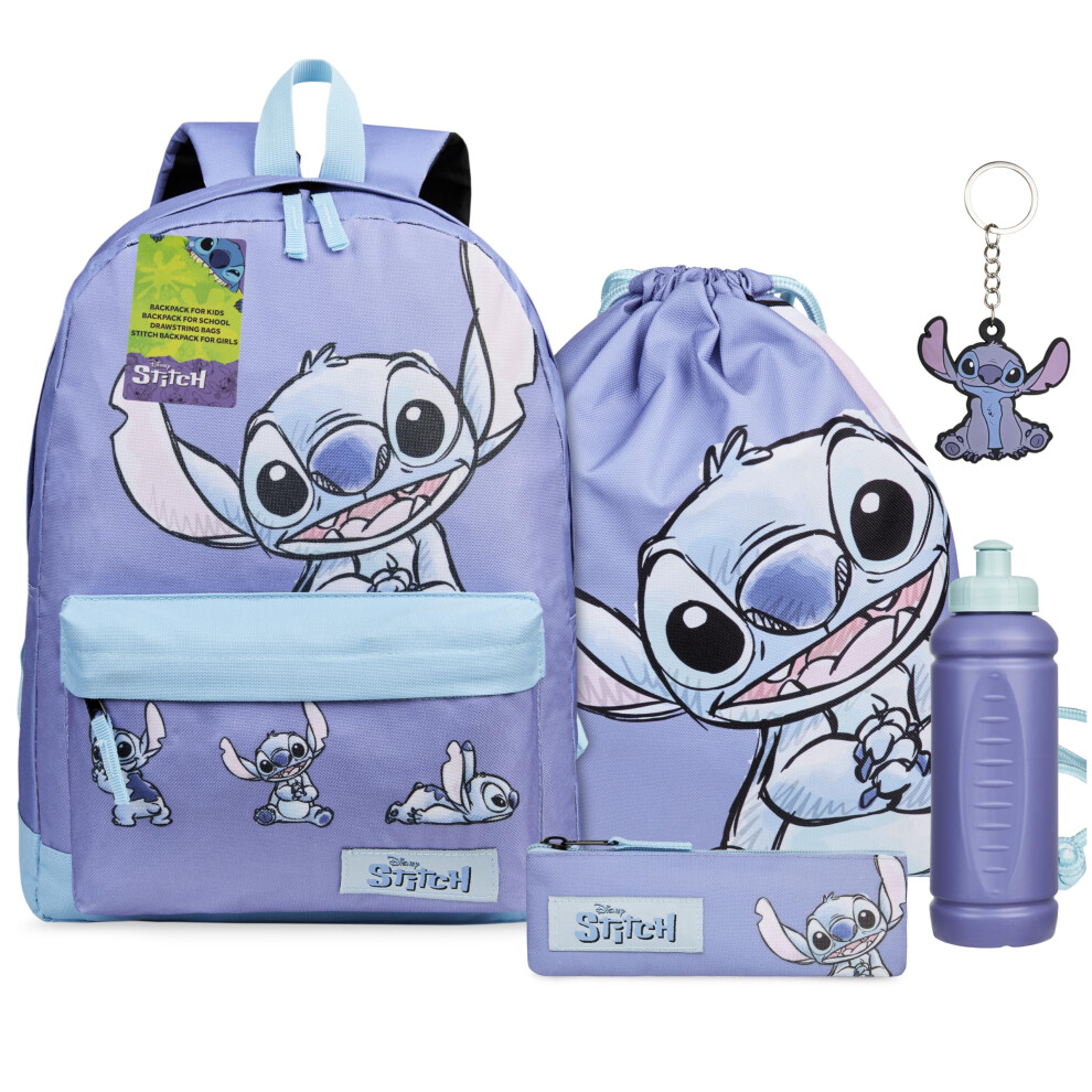 Disney Stitch Backpack Set 5 Pieces For Kids With Drawstring Bag Gifts For Kids () Blue/Lilac