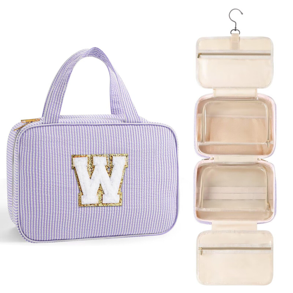 Topeast Hanging Toiletry Bag For Women - Travel Toiletry Bag Makeup Bag Portable Toiletries Cosmetic Bag Airplane Travel Essentials - Letter W Pur