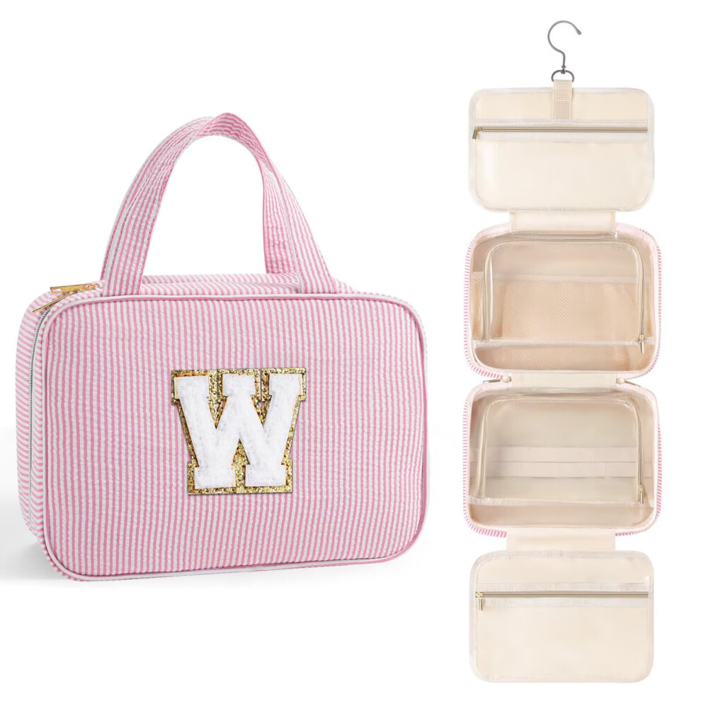 Topeast Hanging Toiletry Bag For Women - Travel Toiletry Bag Makeup Bag Portable Toiletries Cosmetic Bag Airplane Travel Essentials - Letter W Pin