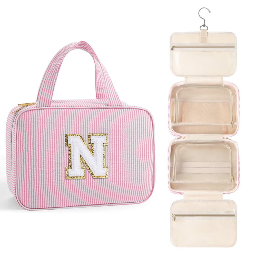 Topeast Hanging Toiletry Bag For Women - Travel Toiletry Bag Makeup Bag Portable Toiletries Cosmetic Bag Airplane Travel Essentials - Letter N Pin