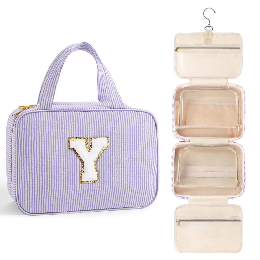 Topeast Travel Toiletry Bag For Women - Hanging Toiletry Bag Makeup Bag Portable Toiletries Cosmetic Bag Airplane Travel Essentials - Letter Y Pur