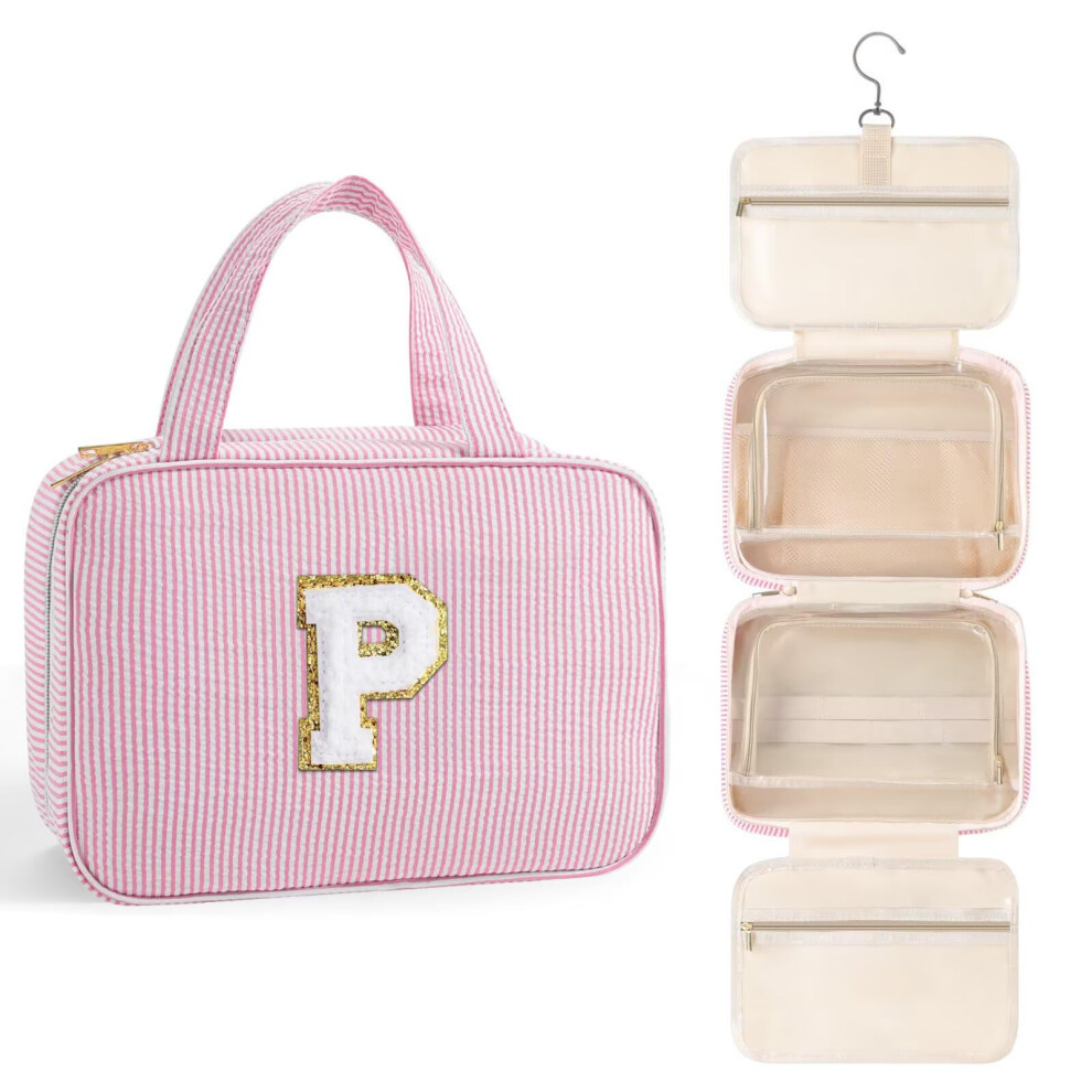 Topeast Hanging Toiletry Bag For Women - Travel Toiletry Bag Makeup Bag Portable Toiletries Cosmetic Bag Airplane Travel Essentials - Letter P Pin