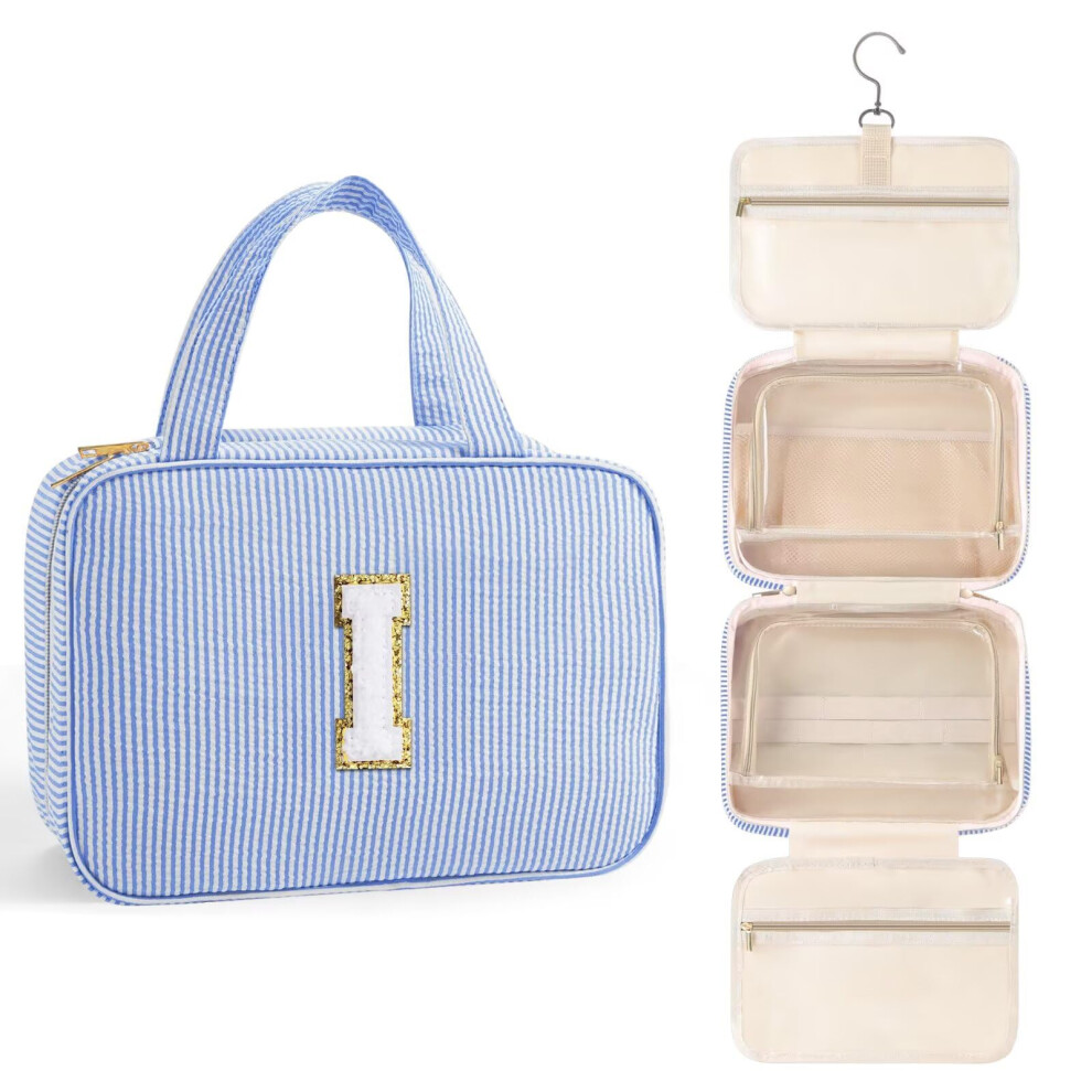 Topeast Travel Toiletry Bag For Women - Hanging Toiletry Bag Makeup Bag Portable Toiletries Cosmetic Bag Airplane Travel Essentials - Letter I Blu