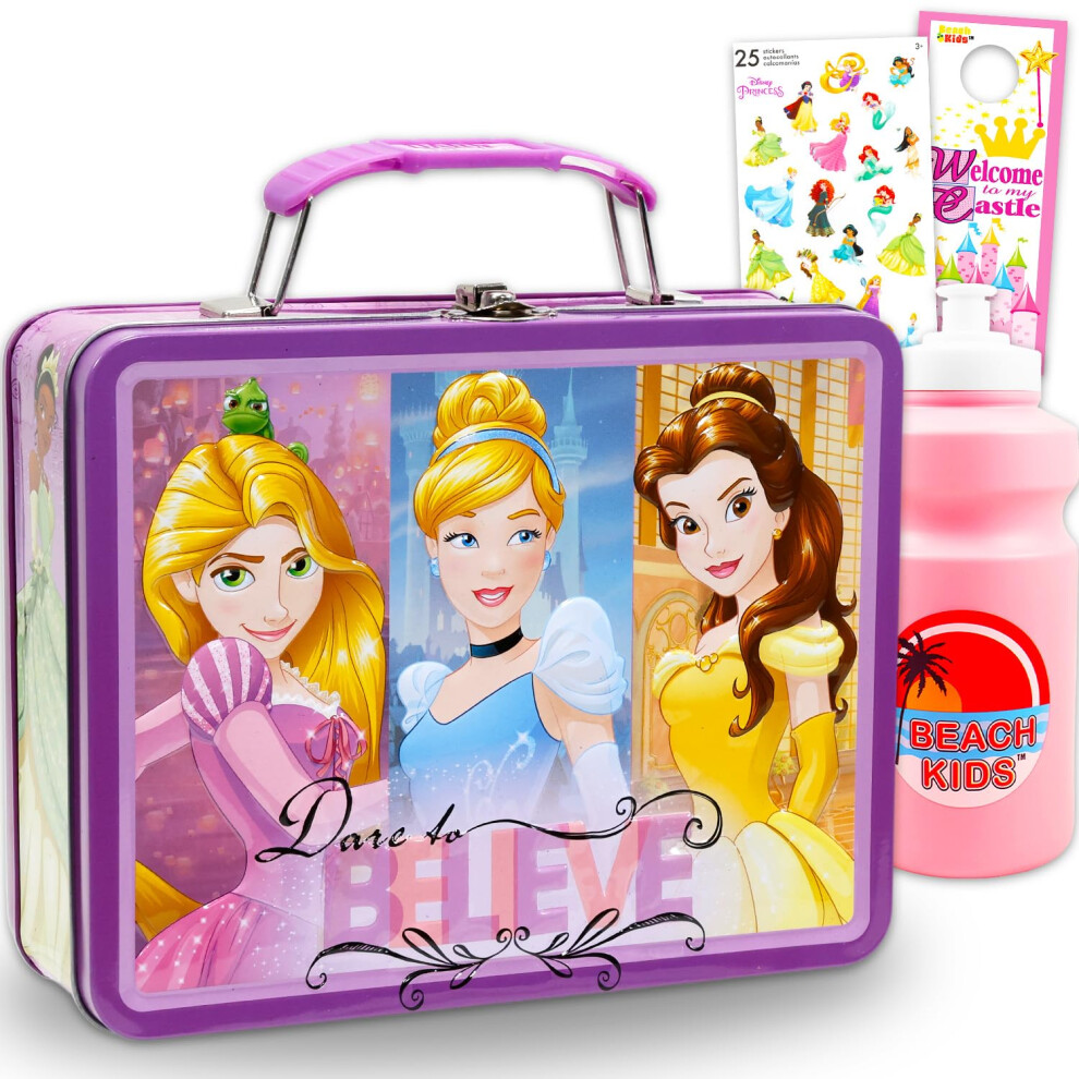 Disney Princess Lunch Box Set - Bundle With Tin Rapunzel Cinderella Belle Lunch Box Plus Stickers Water Bottle More | Princess Lunchbox Se