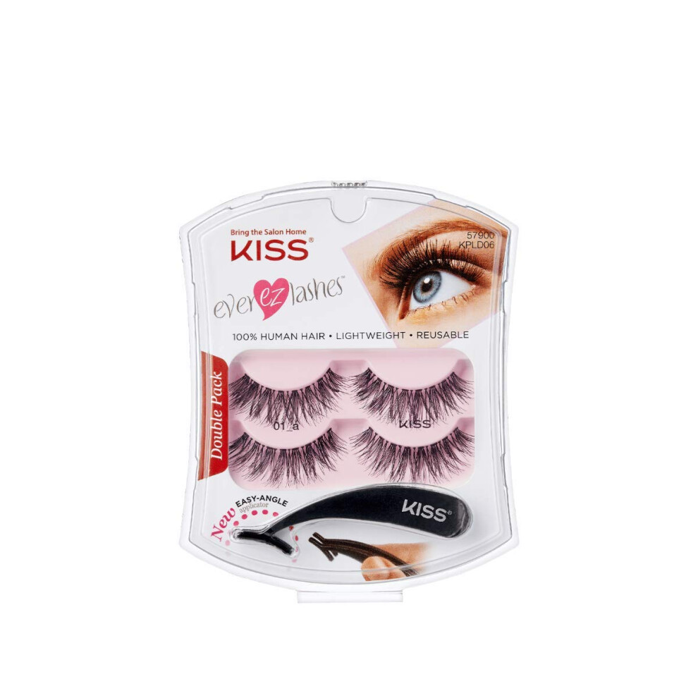 Kiss Black Ever Ez Lashes Double Pack No. 01 Reusable Natural Eyelash Starter Kit Includes Easy-Angle Applicator And 2 Pairs Human Hair False Eyelashes B