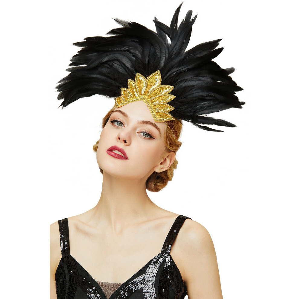 Babeyond Carnival Feather Headpiece Showgirl Pageant Headband Women's 1920S Flapper Headband (Gold Crystal)