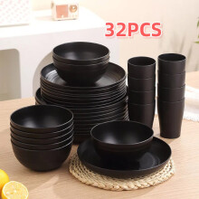 32PCS Black Dinnerware Bowl Plates Plastic Round Dinner Set Tableware Home Party