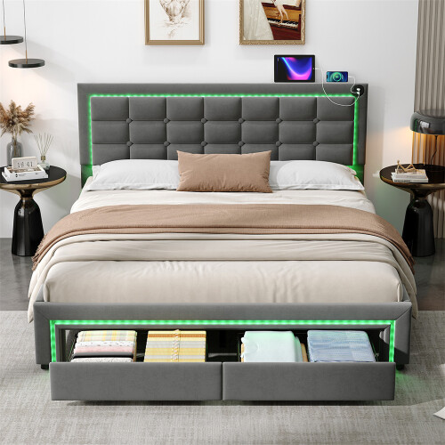 Grey Velvet King Size Storage Bed, LED Headboard 2