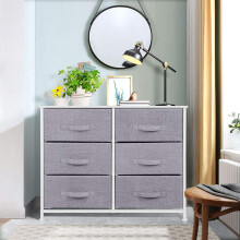 6 Fabric Drawers Storage Unit, Bedroom Chest of Drawers with Wooden Top and Metal Frame Drawer Organiser Dresser for Clothes Towel Toys, Grey