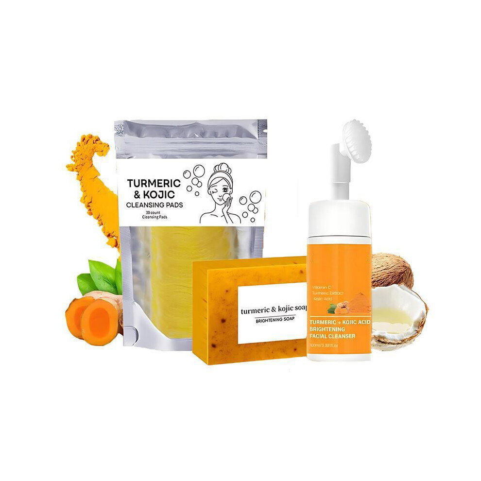(YEA) 100ml Turmeric Cleansing Facial Cleanser Facial Cleansing Pad Turmeric Soap Three-piece Cleansing Moisturizing Care Set