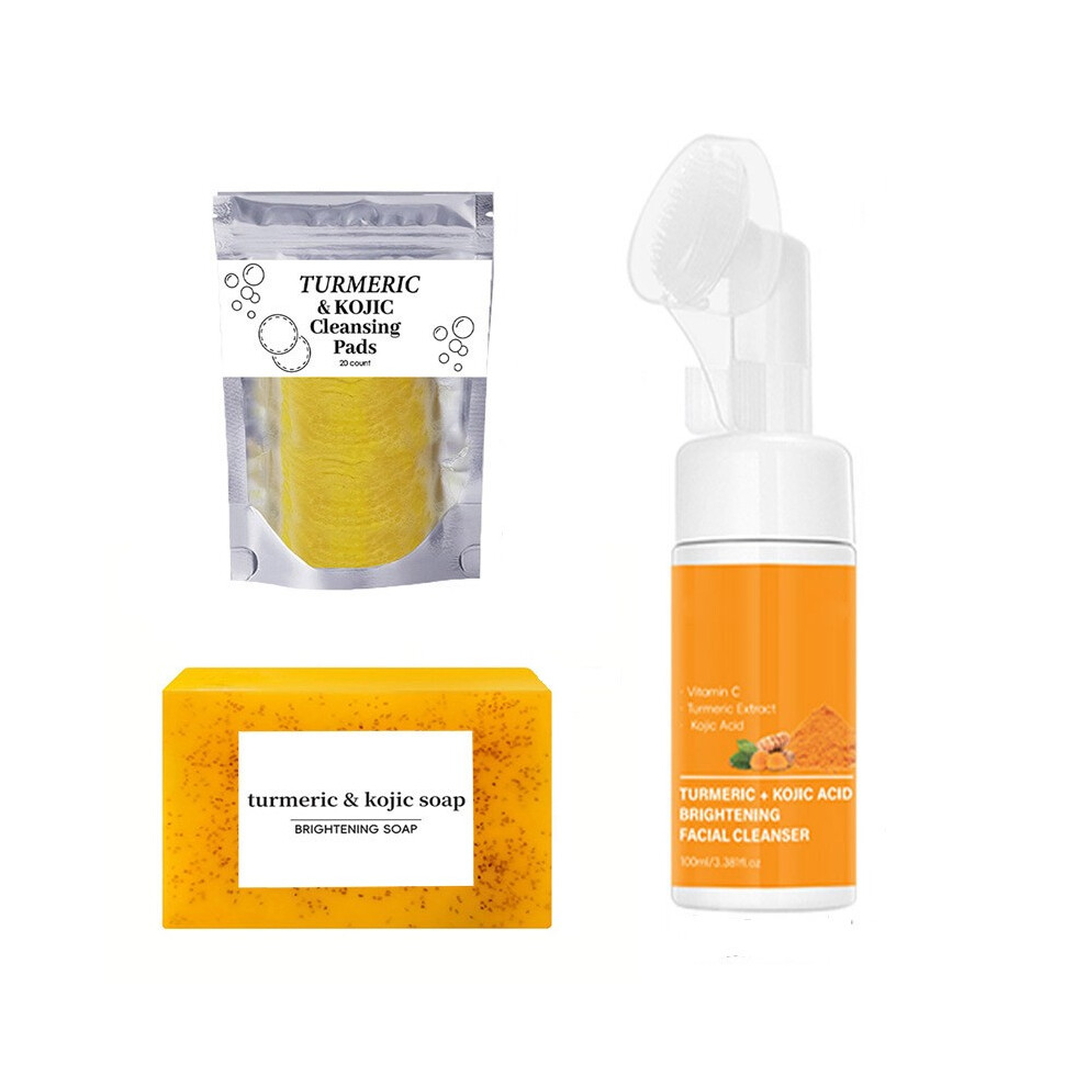 (YEB) 100ml Turmeric Cleansing Facial Cleanser Facial Cleansing Pad Turmeric Soap Three-piece Cleansing Moisturizing Care Set