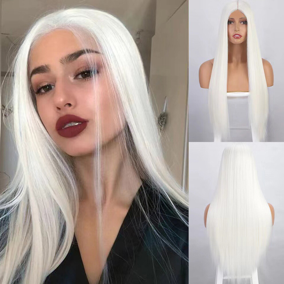 (White) White Split Length Straight Hair High-temperature Silk Synthetic Fiber Wig