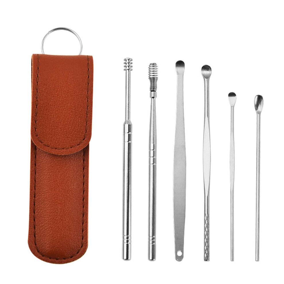 (Brown) Portable Earwax Removal Kit, 6 Pc Stainless Steel Ear Pick Earwax Cleaning Tool