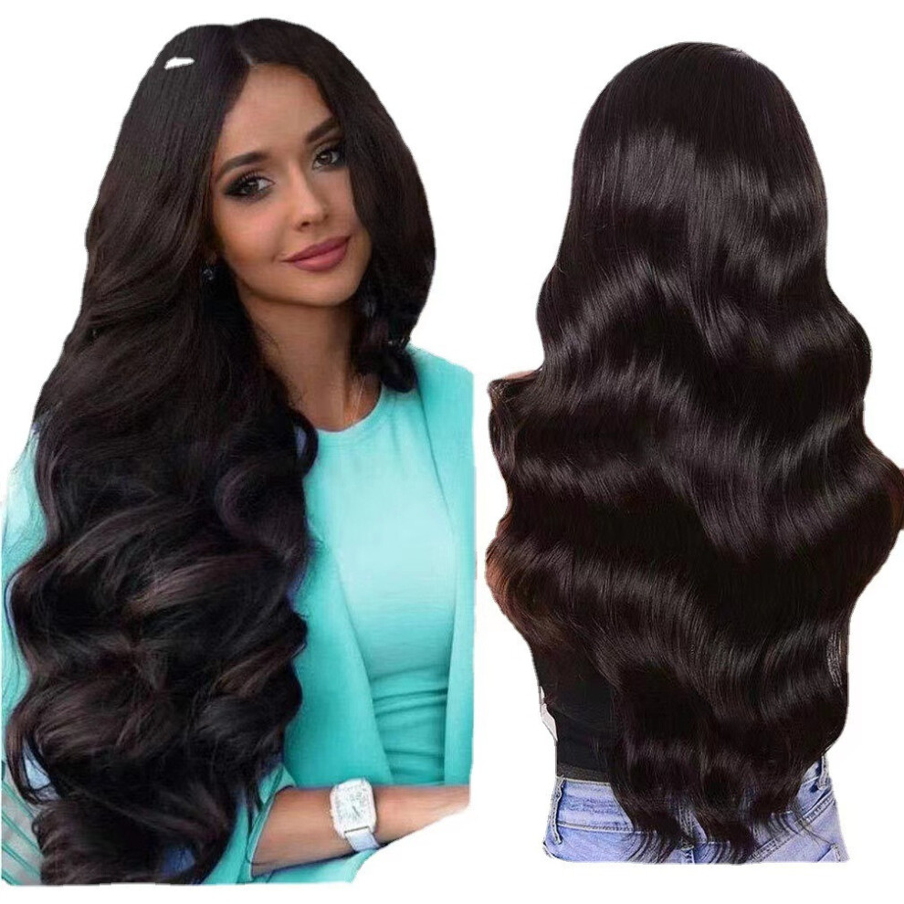 (Black) Wig Women's Wavy Long Curly Hair With Natural Bangs In The Center