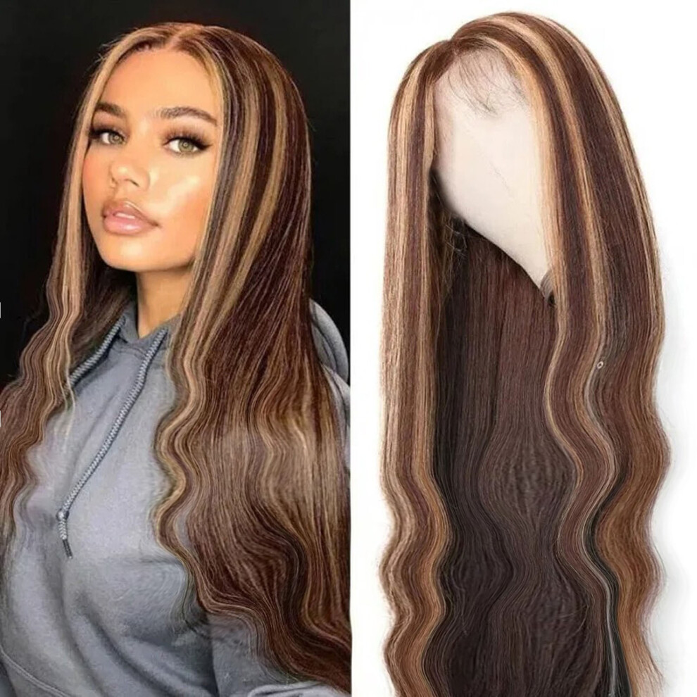 Unisex Brown (Multicolor) Long Straight Mixed Blonde Synthetic Wigs For Women Middle Part Highlights