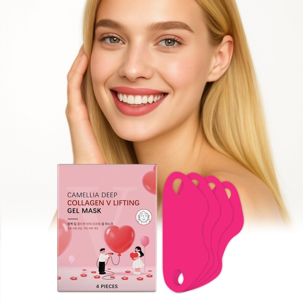 (Pink) Camellia Deep V Lifting Gel Mask Double-Chin Mask Instant Depuffing Face Toning Belt V-Line Improves Sagging Lifting Firming Pink