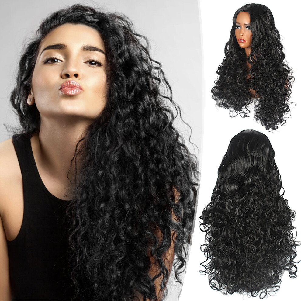 (Black) Chemical Fiber Wig  Black Long Hair Small Curly Head Cover Matte High-Temperature Silk