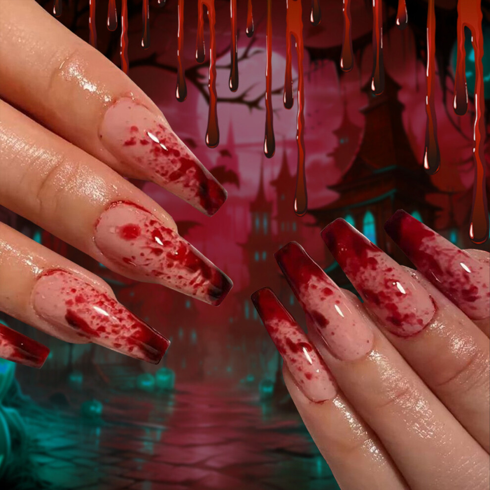 White (Multicolor) Halloween Long Trapezoidal Wearing Nail Patch With Droplets French Detachable Fake Nail Patch
