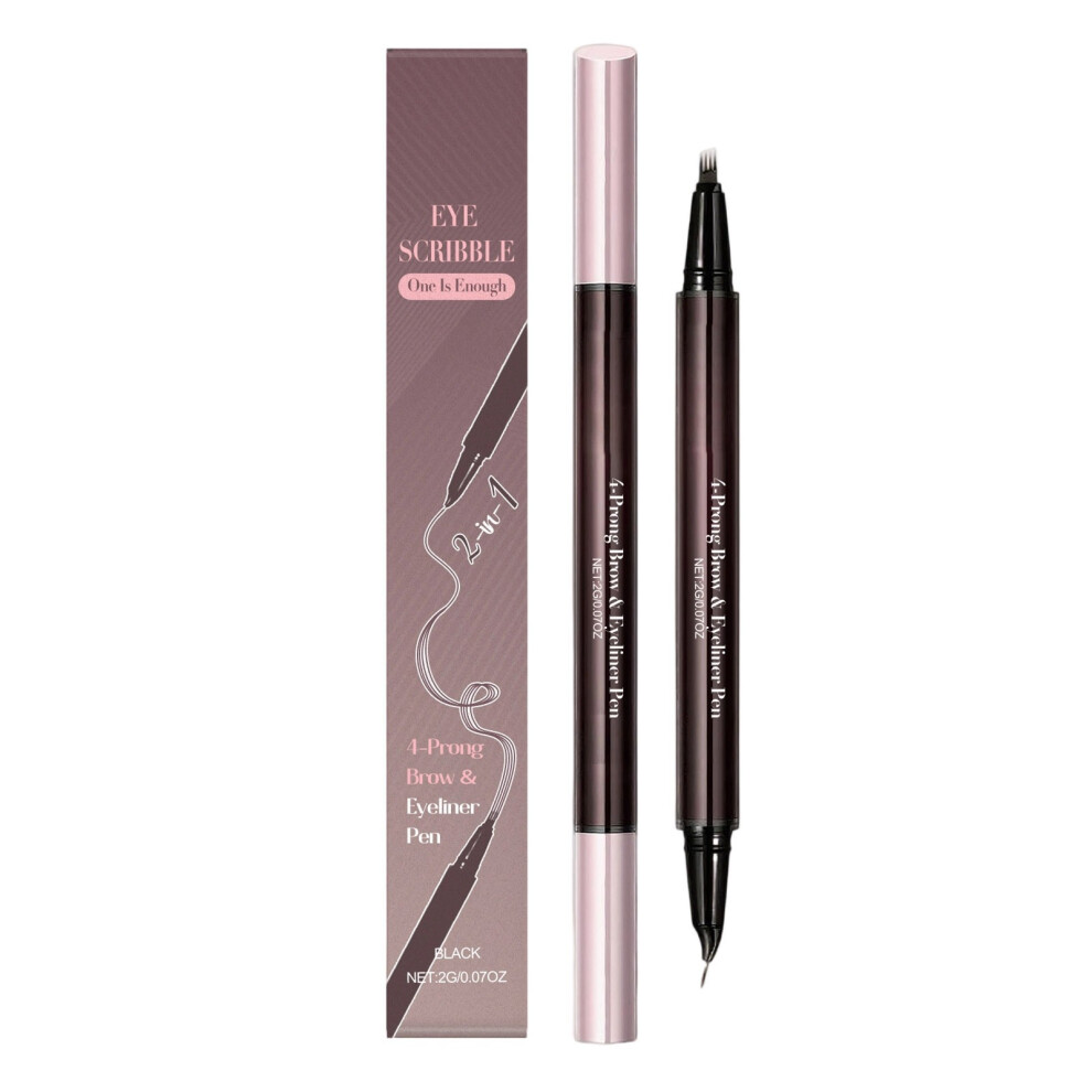 (Black) Waterproof Microblading Eyebrow Pen 2-in-1 Ended Eyebrow Pen 4-Fork-Tip Brush-Tip For Natural Hair-Like Brows Eyebrows Makeup 2ml
