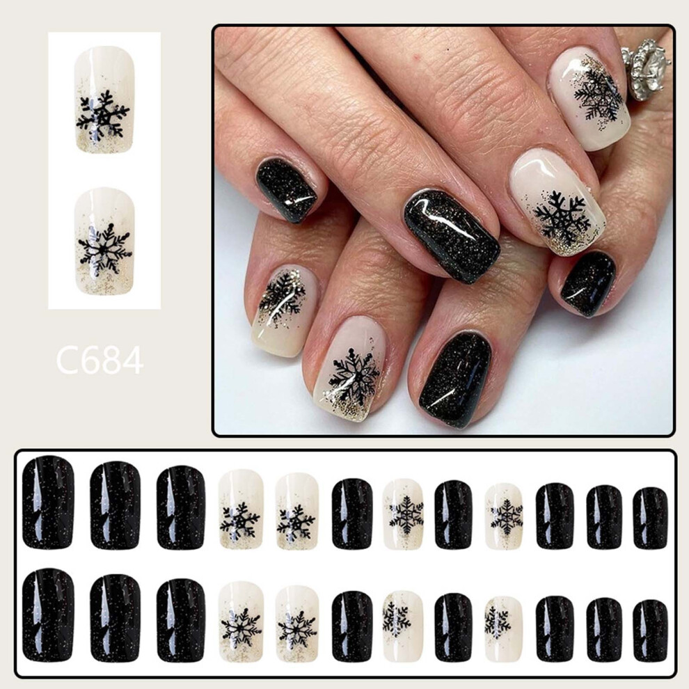 (Multicolor) Pack Of 24 Artificial Nails Short Christmas Press Nails For Sticking Christmas False Nails Full Cover Artificial Nails With Nail Glue