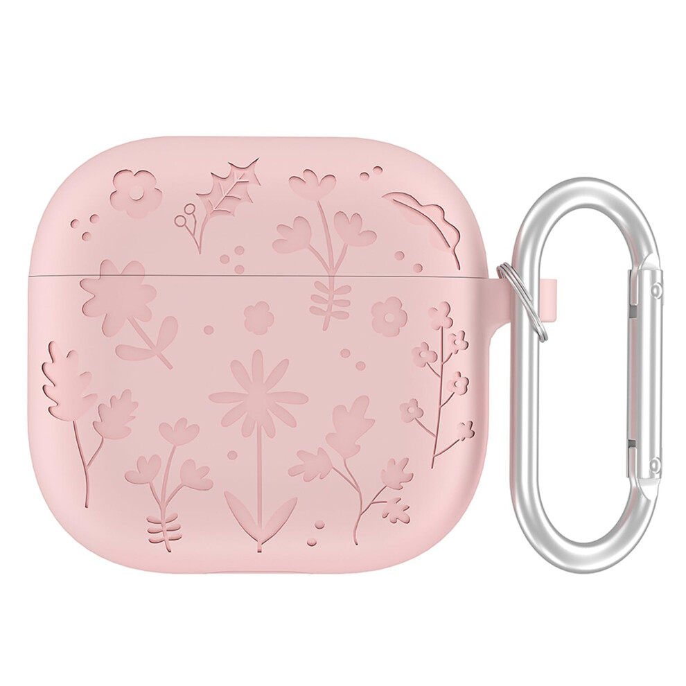 Flower Engraved Case For Airpods 4 Anc With Keychain, Soft Silicone Shockproof Cover, Pink 9016109441959