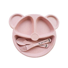 3Stk Set Weizenstroh Essplatte Bärenform Mit Besteck Für Kinder Pink