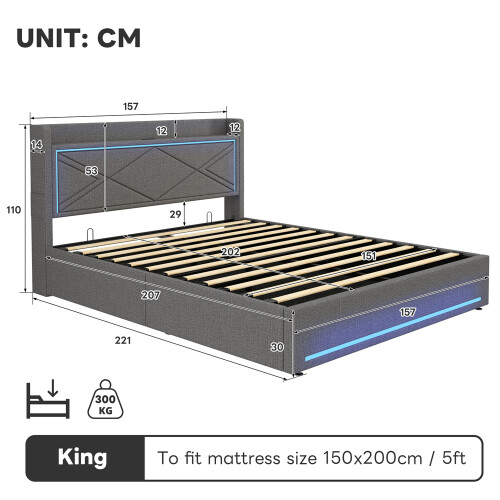 Grey Linen King Ottoman Bed with LED Charging 1