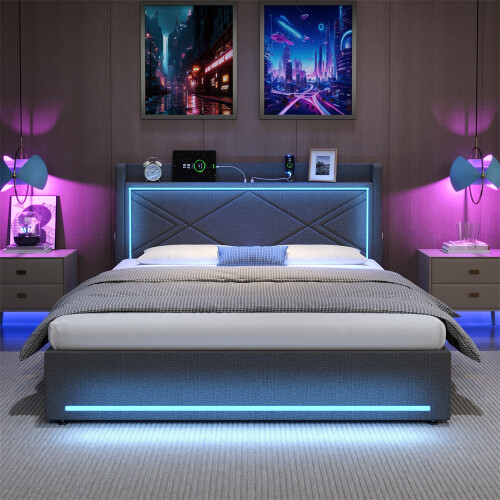 Grey Linen King Ottoman Bed with LED Charging 2