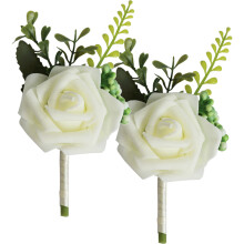 2Pcs Wedding Simulated Flower Corsage White Pe Metal Broom Boutonniere