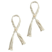 2Stk Handgestricktes Vorhangband Bohemian Stil Khaki Baumwolle Holz
