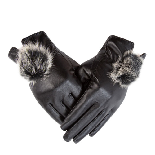 1 Paar Damenhandschuhe PU Mit Fellkugel Touchscreen