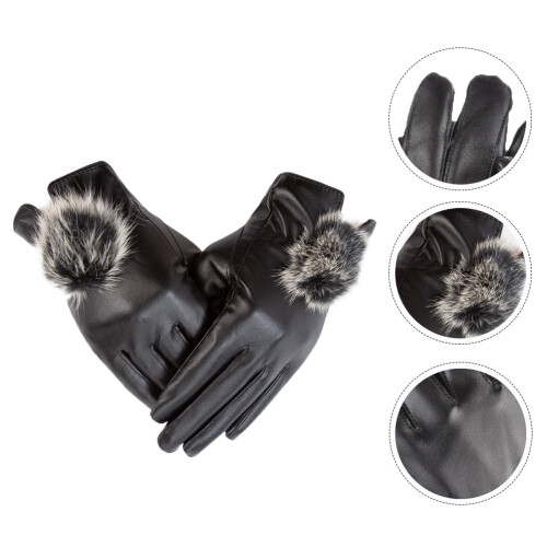 1 Paar Damenhandschuhe PU Mit Fellkugel Touchscreen 2