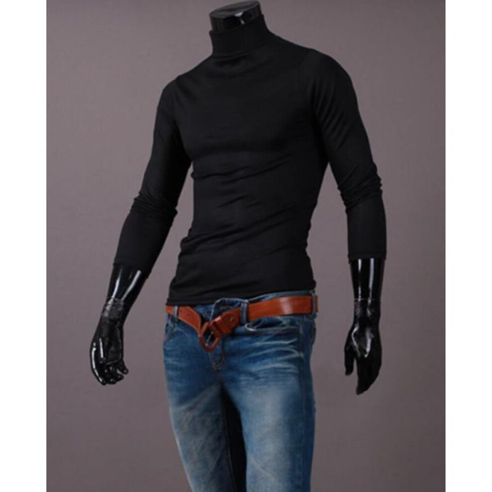 (black, M) Men's High-neck Thin Solid Color Slim Long-sleeved T-shirt Teen Simple Pullover Tops-image-OPC-PM9W56W-NEW